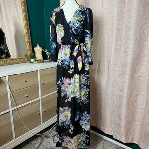 Bailey Blue Floral Long Sleeve Dress - Black and Multicolor - Butterfly Sleeves